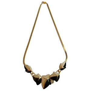 Vintage Trifari Enameled Leaf Necklace w/ Crytals - Gold Tone Black and Cream